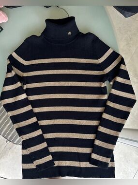 Lauren Ralph Lauren Navy w Lurex Gold Turtleneck Sweater -logo